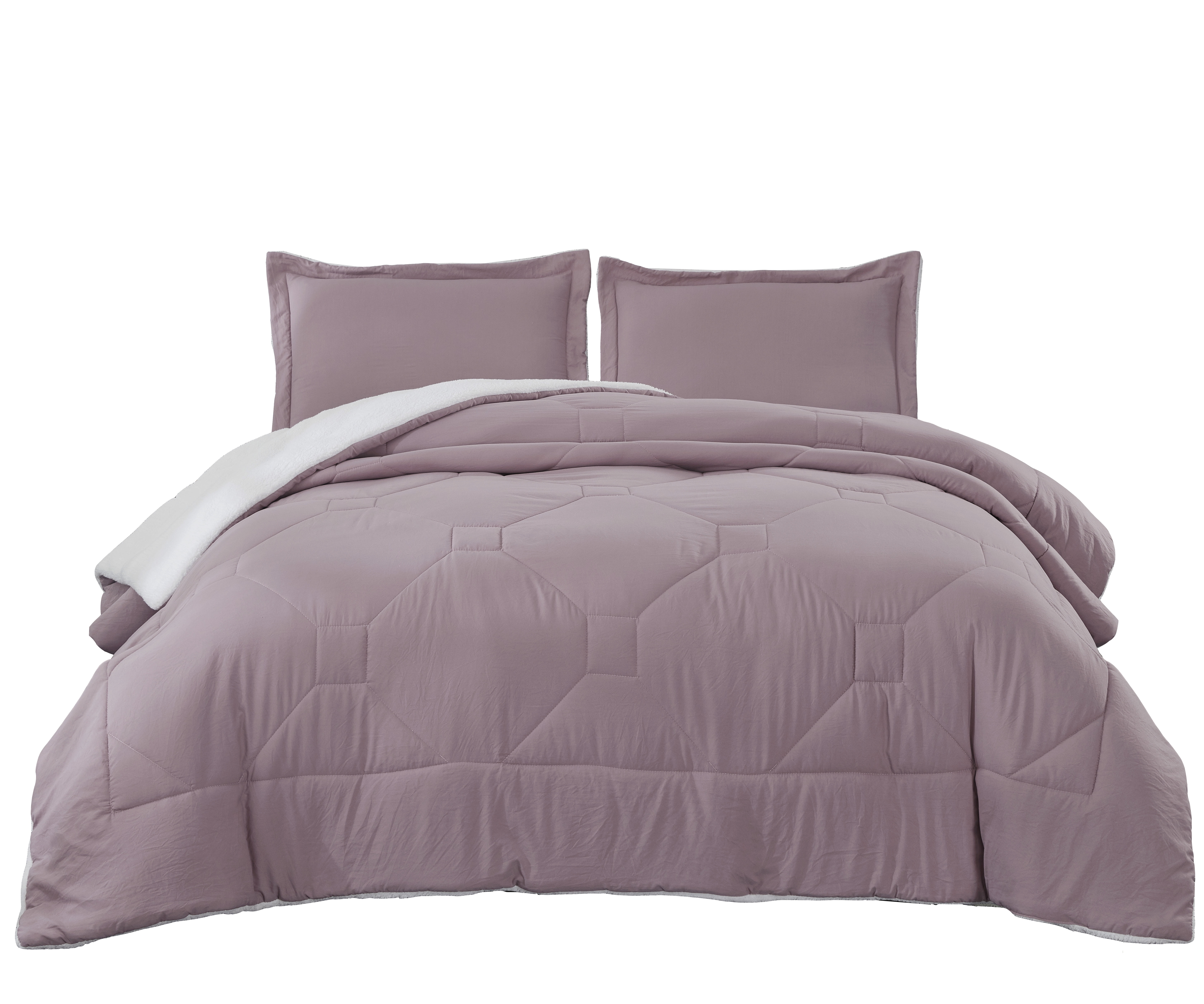 Purple Quilted Microfiber Plush Flannel Sherpa Comforter 3pc Set Full/Queen 