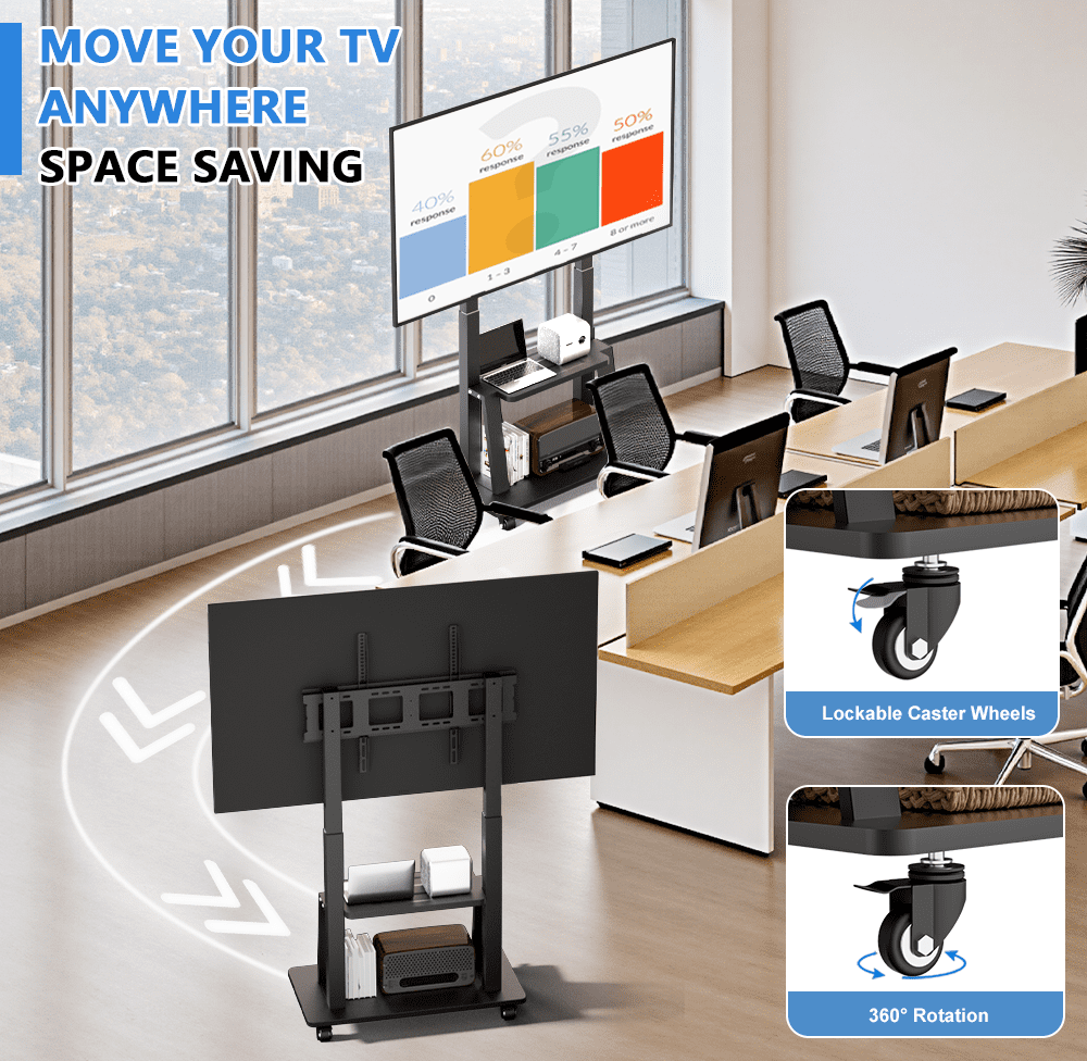 Mobile TV Cart Rolling TV Stand for 42- 100 inch Television Heavy Duty Portable TV Stand on Wheels, Height Adjustment, Holds Up to 180 LBS, Vesa 200×200-900×600mm