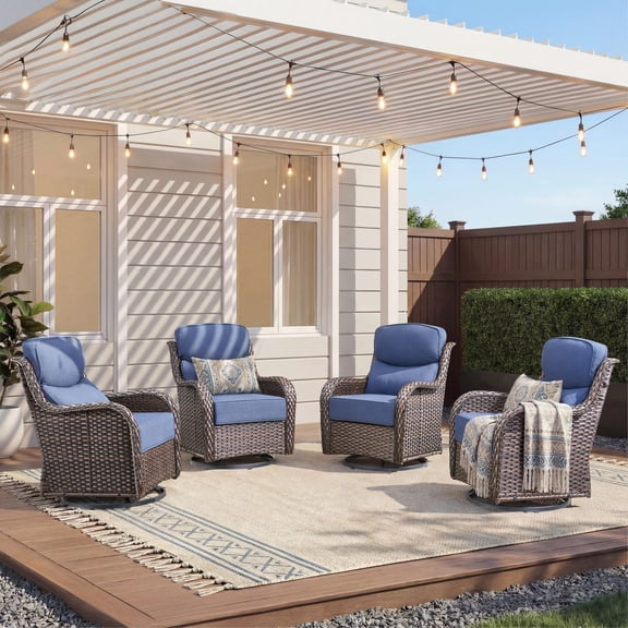 Unnifurnzi Outdoor Swivel Glider Patio Chairs-Patio Swivel Chairs Set of 4 with 6 Inch Thick Cushions High Back Patio Chairs for Deck Porch Poolside Balcony-Brown/Blue