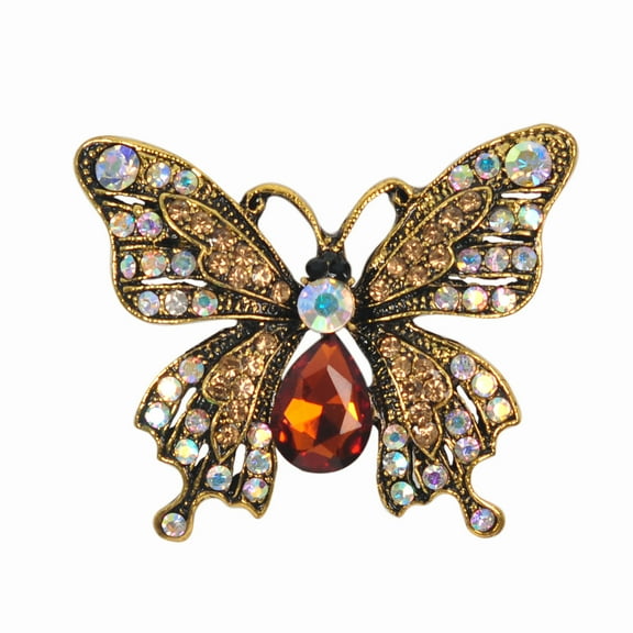 Gyn&Joy Antique Inspired AB Brown Topaz Crystal Rhinestone Created Gem Butterfly Brooch Pin
