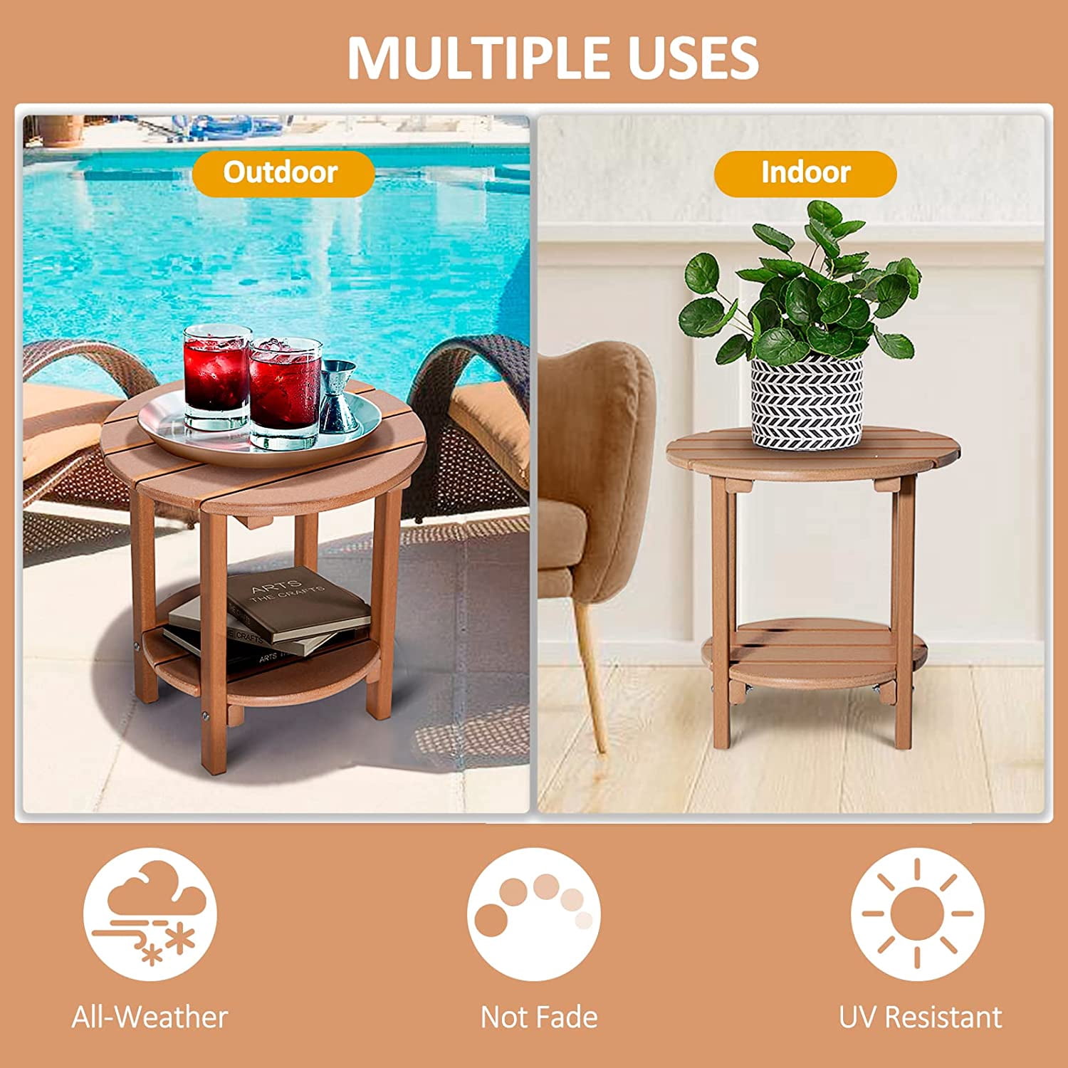 Nalone 2-Layer Outdoor Side Table, HDPE Weather-Resistant Adirondack Coffee Side Patio End Table for Living Room Bedroom, Outdoor Side Table Outside, Teak