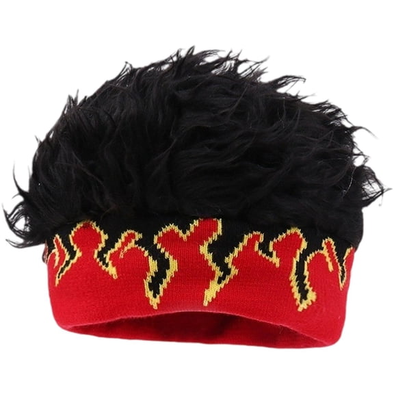 Jiibva Men Wig Hat, Fake Hair Hat for All Ages Flame Knitted Hat with Hair Attached Funny Short Hair Wig Headband Novelty Hat with Wig Spiked