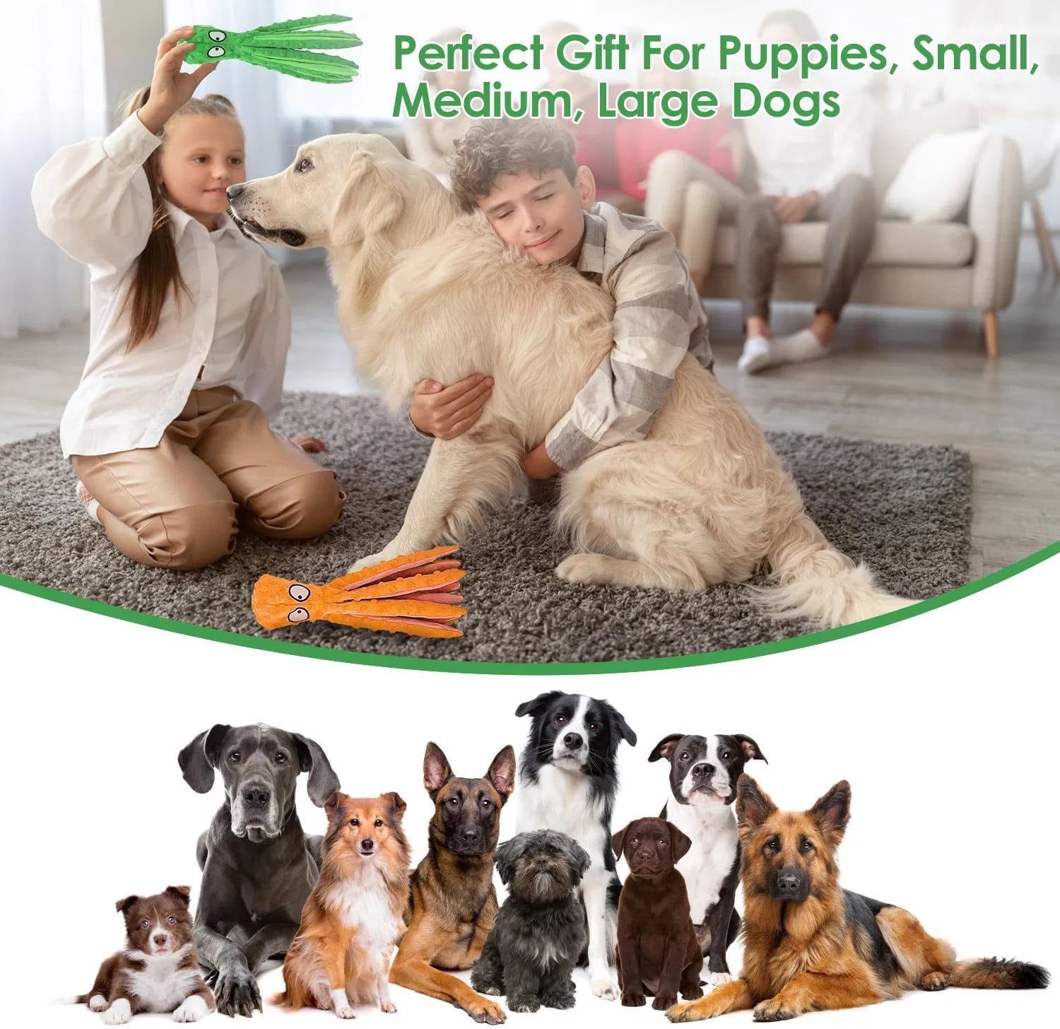 PUPIX 2 Pcs Squeaky Dog Toys No Stuffing Plush Octopus Dog Toy with Crinkle Legs Interactive Dog Teething Training Toy for Puppy Small Medium Large Dogs Stress Relief Chew Play Toys (Green & Orange)