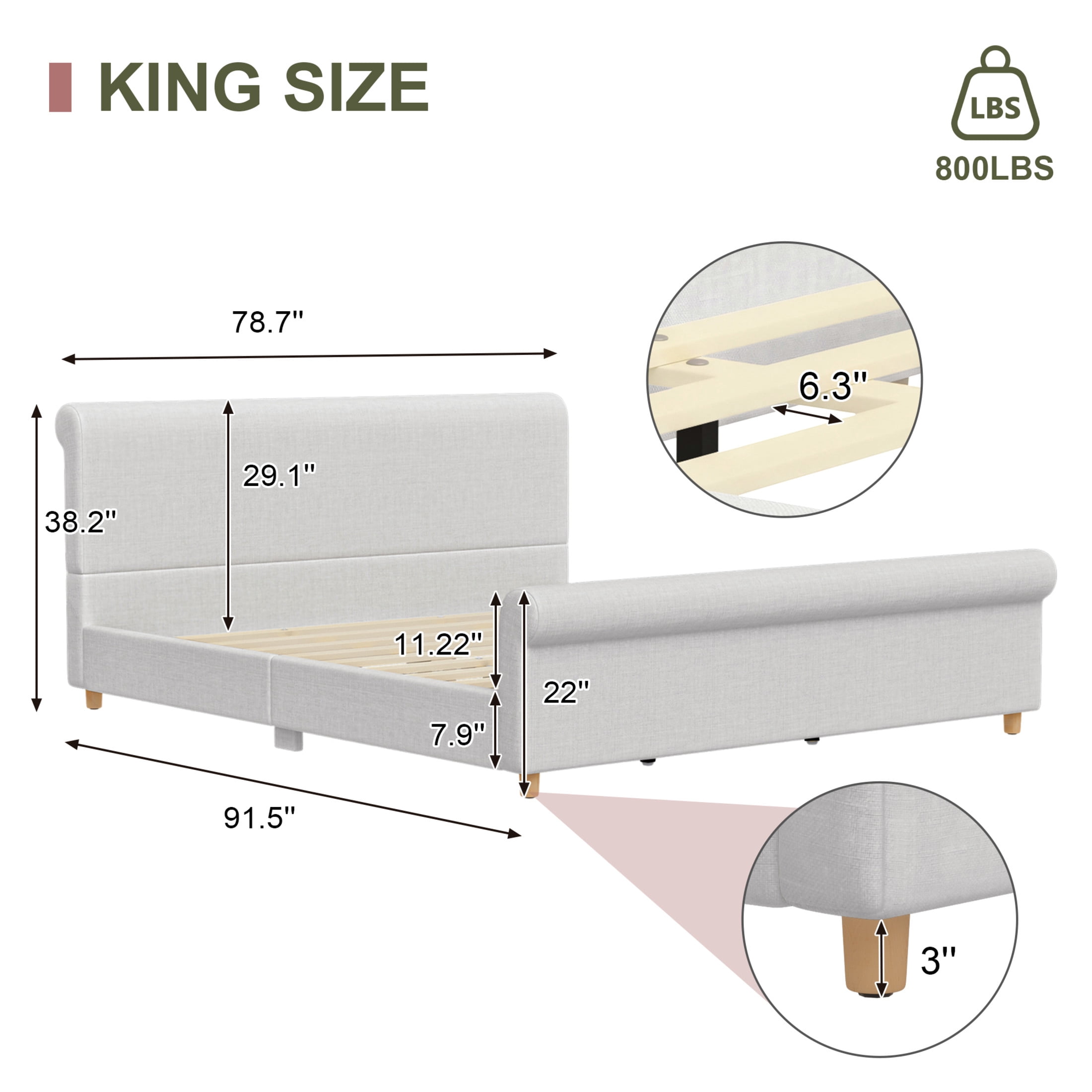 GDF Studio Flora King Size Upholstered Sleigh Bed Frame with High Headboard, Solid Wood Legs & Slats Support, Beige