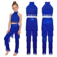 thumbnail image 2 of iiniim Girls 2 Piece Professional Ballroom Latin Dance Outfit Fringe Crop Top and Layered Tassel Pants Set Royal Blue 8, 2 of 7