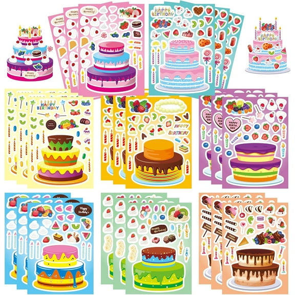 24 Sheets Birthday Make-a-Cake Sticker, DIY Make Your Own Cake Stickers with Fruit, Candy, Candle, Happy Birthday Stickers for Kids, Classroom Teacher Reward Stickers, Birthday Party Gifts