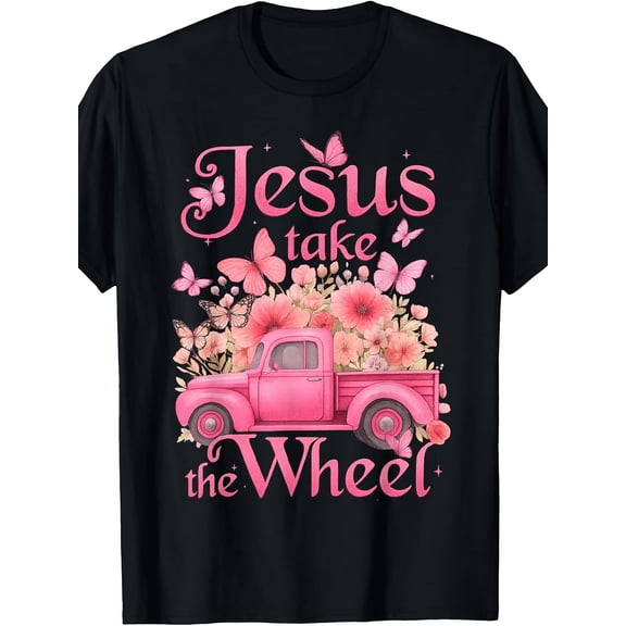 Women's Christian Graphic T-Shirt, Pink Vintage Pickup Truck Floral Butterfly Print, Inspirational Faith Short Sleeve Crew Neck Casual Tee, Lightweight Soft Summer Shirt for Daily Wear