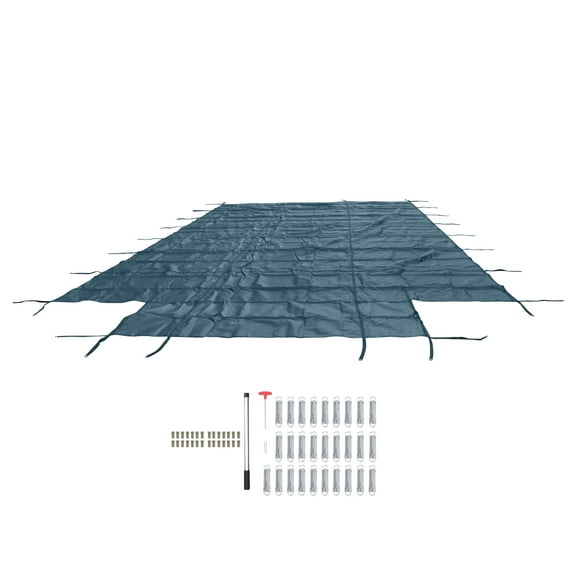 Green Mesh Pool Safety Cover For 16x32 ft Rectangle with 4x8ft Center End Step