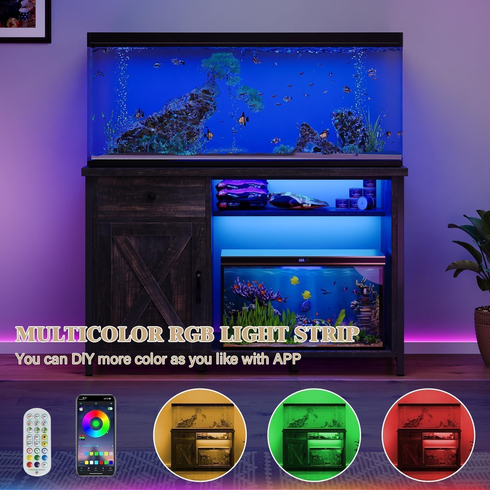 DreamCurship 55-75 Gallon Aquarium Stand with Storage Cabinet & Power Outlets LED Light, Fish Tank Stand with Drawer & Barn Door, Suitable for Fish Tank Stand, Turtle Tank, Reptile Terrarium, Oak