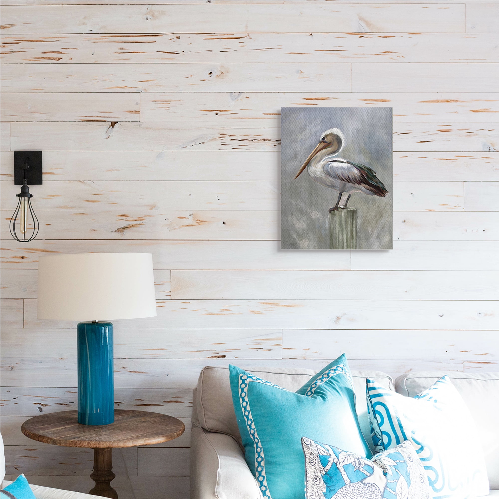 Stupell Industries Pelican Resting on Wooden Pillar Soft Grey,16 x 20,Designed by Heather Hayes