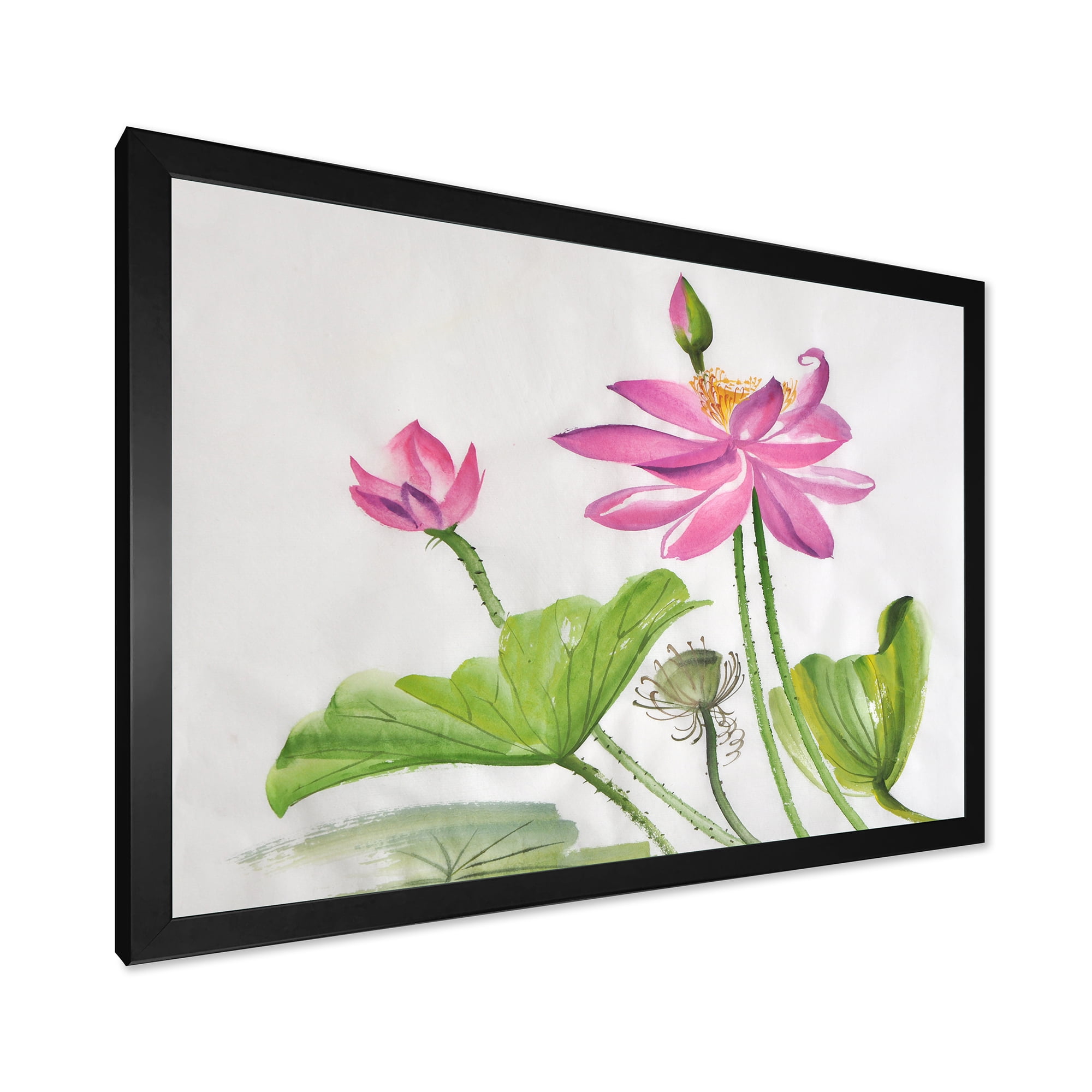 Designart 'Two Pink Lotus Flowers With Green Leaves' Traditional Framed Art Print