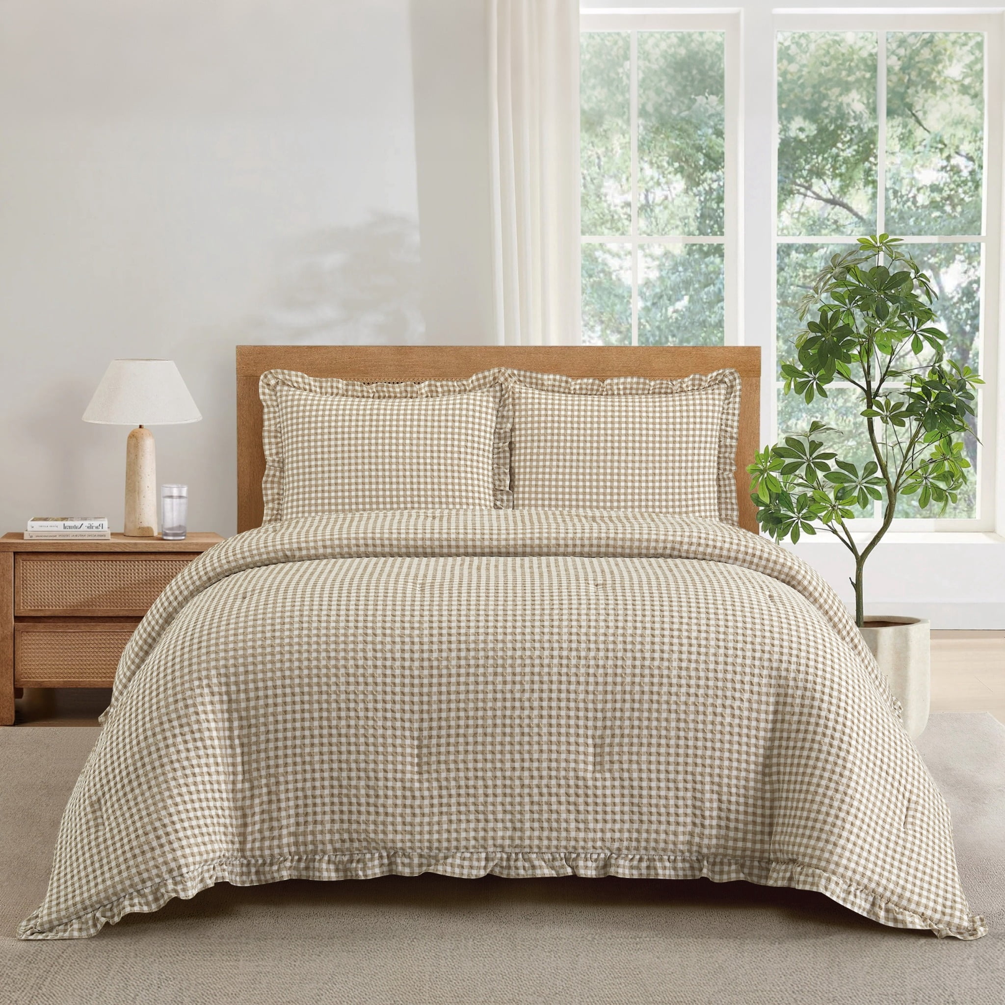 Mason & Craft 3 Piece Beige Gingham Seersucker Comforter Set, King