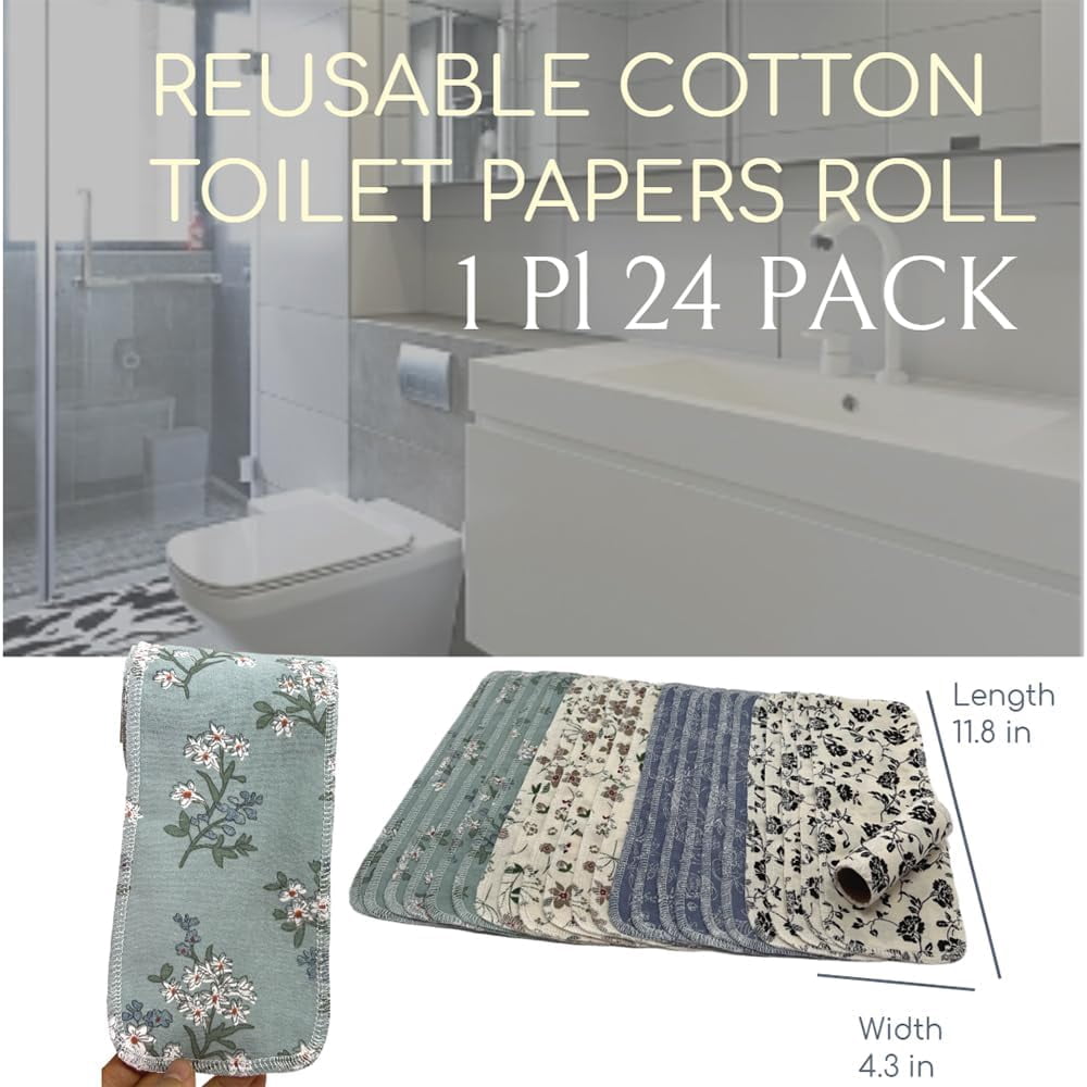 Reusable Toilet Paper Towels 24 Count Roll,Washable Absorbent No Tear Bidet Towels Cotton Cloth,Zero Waste Cleaning Supplies for Bathroom(4 Colors Flower)