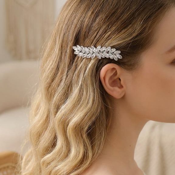 MIALLO Silver Cubic Zirconia Leaf Hair Barrette, Sparkling Crystal Bridal Hair Clip, Hypoallergenic Spring Hair Accessories for Women & Wedding