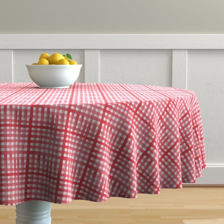 

Cotton Sateen Tablecloth 90 Round - Red Watercolor Gingham Pink Christmas Valentines Holiday Print Custom Table Linens by Spoonflower