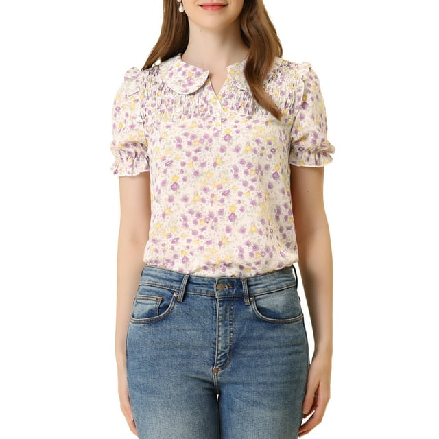 INSPIRE CHIC Blouse à Manches Courtes Smockée à Volants Col Peter Pan Floral pour Femmes P Rose