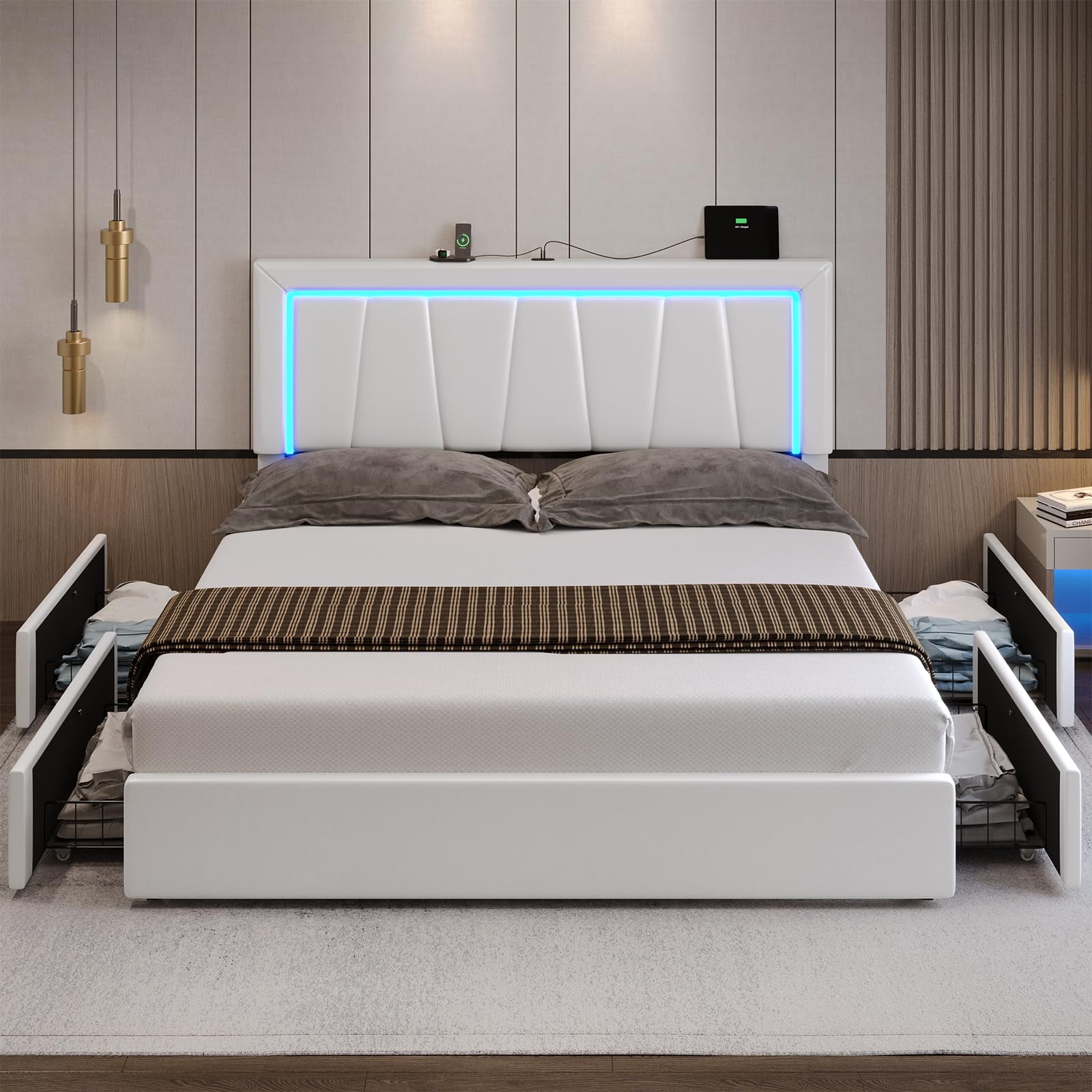 California King Bed Frame with 4 Storage Drawers & USB Ports & LED Headboard, Faux Leather Upholstered Platform Bed Frame with 3 Side Light Strip, No Spring Needed, White