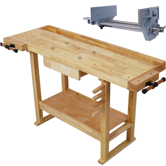 JERFIT 55" Rubber Wood Workbench with Heavy-Duty Cast Iron Vise, Drawer & Storage for Garage, Workshop & DIY Projects