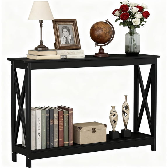 Narrow Console Table with 2-Tier Shelves, Entryway Sofa Table for Hallway and Foyer, Black