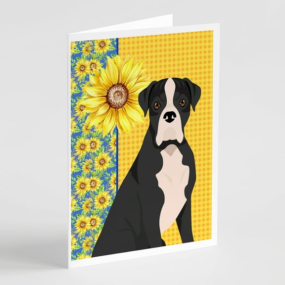 Summer Sunflowers Natural Eared Black Boxer Greeting Cards and Envelopes Pack of 8 7 in x 5 in