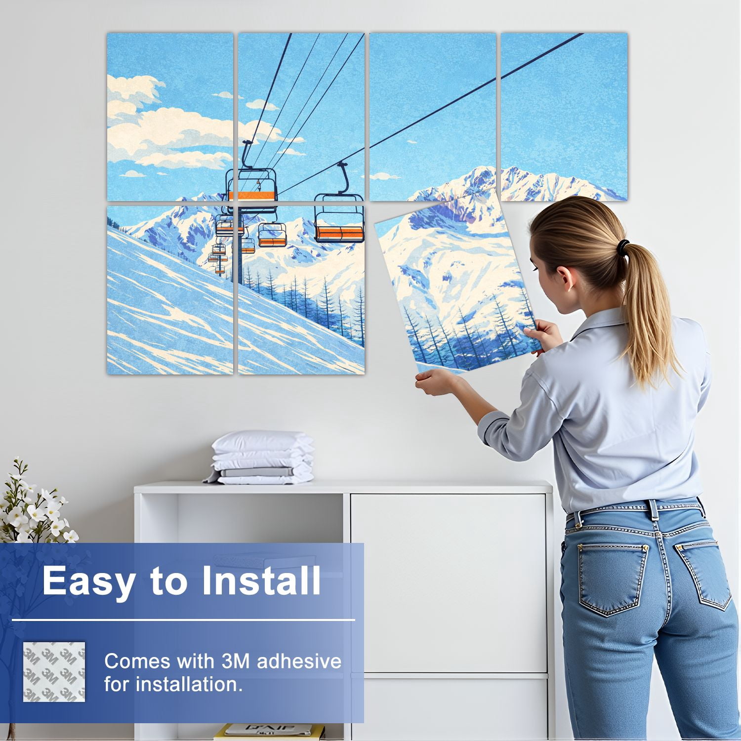 8 Pack Art Acoustic Panels Sound Absorbing Chair lift ski resort snowy mountains nice sunny day Decorative Soundproof Wall Panels Self Adhesive for Nursery Game Room Bedroom 48"x32"