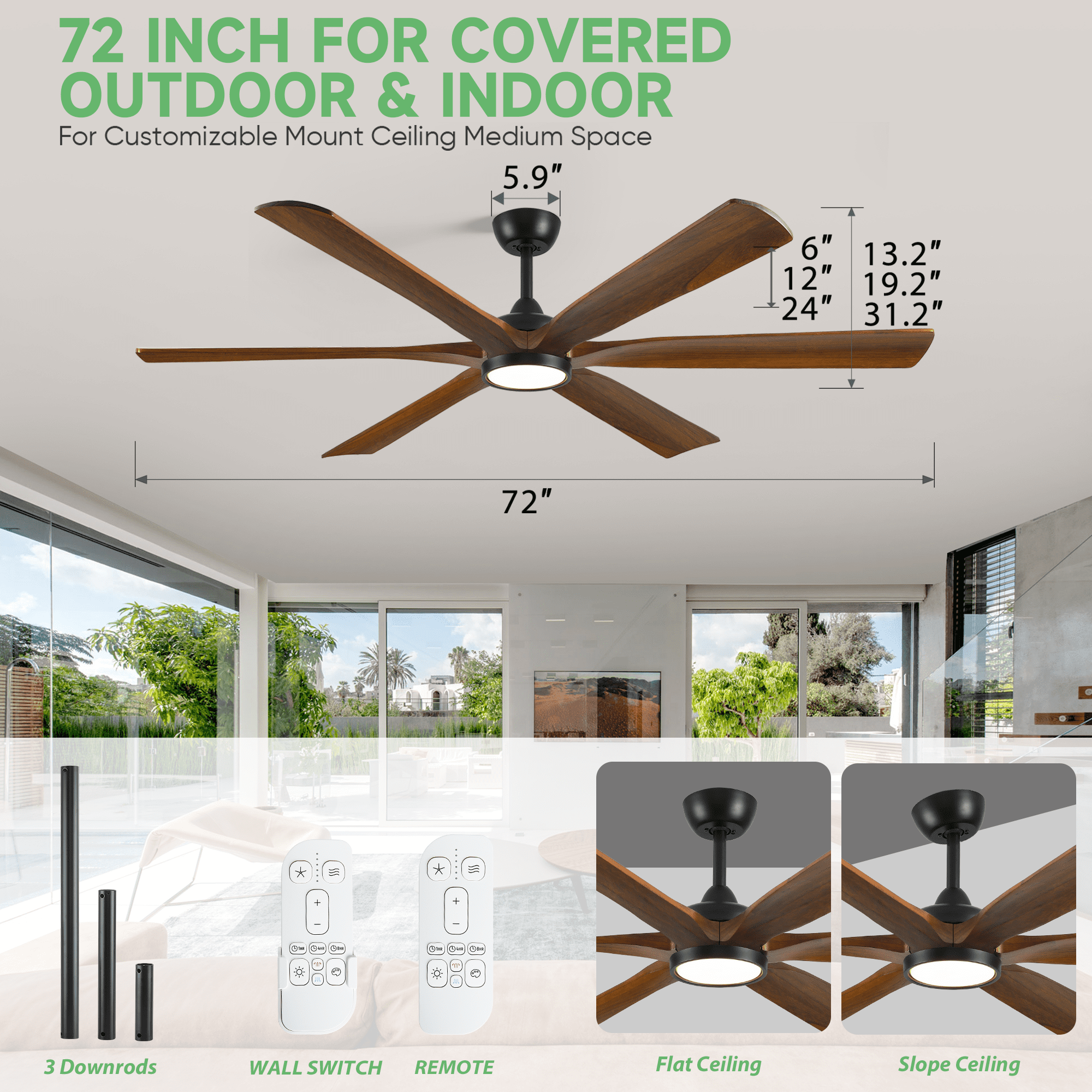 72 inch Large Ceiling Fan with Light and Remote, Outdoor Ceiling Fans for Patios, 6 Solid Wood Blades High CFM Quiet DC Motor Fan for Living Room Gazebo