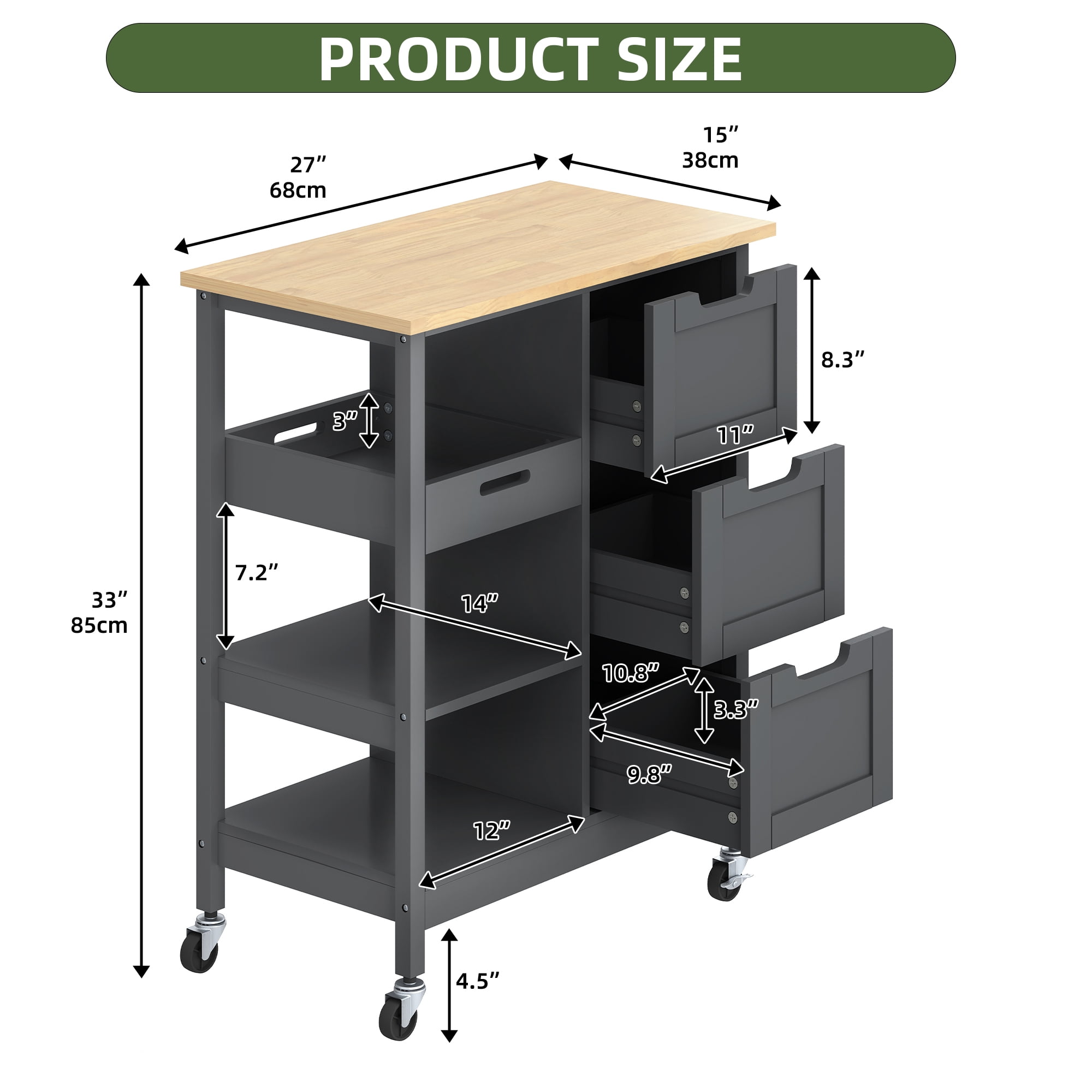 Uforic Kitchen Storage Cart with Drawers & Open Shelves, Rolling Kitchen Island, Gray