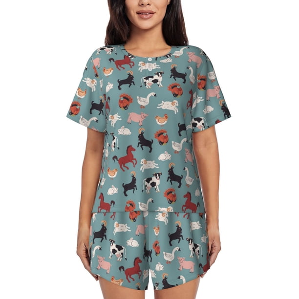 Fotbe Farm Animals 1 Conjunto de Pijama Estampado para Mujer, 2 Piezas, Ropa de Dormir con Camiseta de Manga Corta y Shorts Suaves-Medium