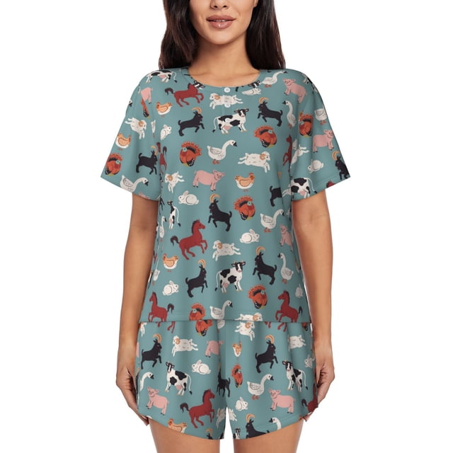 Balery Farm Animals 1 Conjunto de Pijama para Mujer con Estampado, Dos Piezas de Manga Corta y Shorts, Ropa de Dormir Suave con Cuello Redondo y Bolsillos-4X-Large
