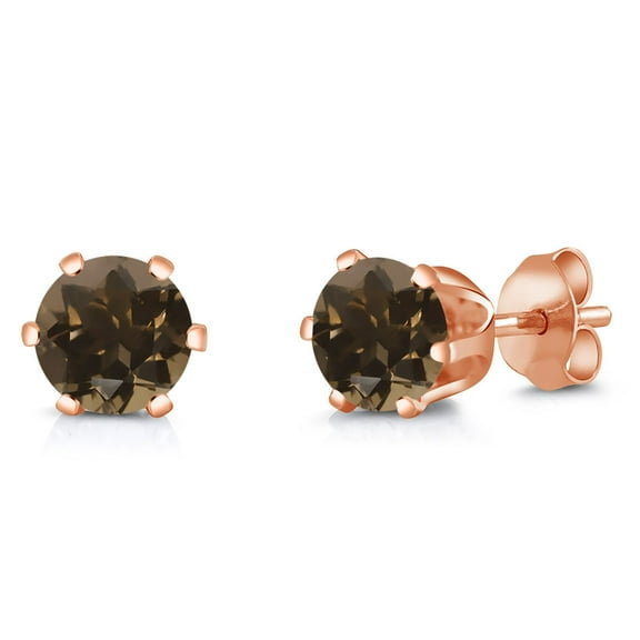 Gem Stone King Round Shape Brown Smoky Quartz Rose Gold Plated Brass Stud Earrings 0.92 Ct for Women