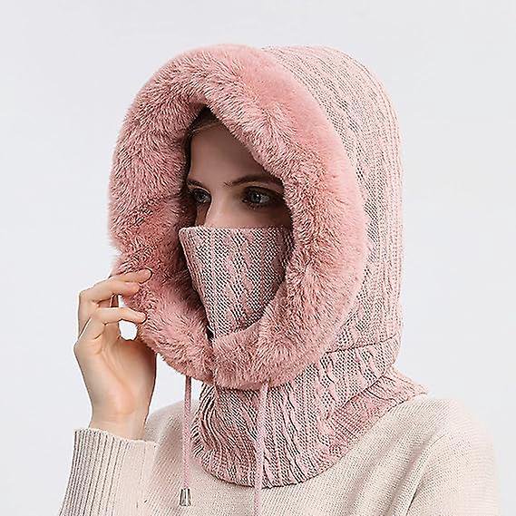 color Rose 2 En 1 Bonnet Femme Hiver Chaud Chapeau Charpe Bonnet Cagoule Hiver En Fausse Fourrure Tricot Pais Et Doux Coupe-vent Bonnet Cagoule