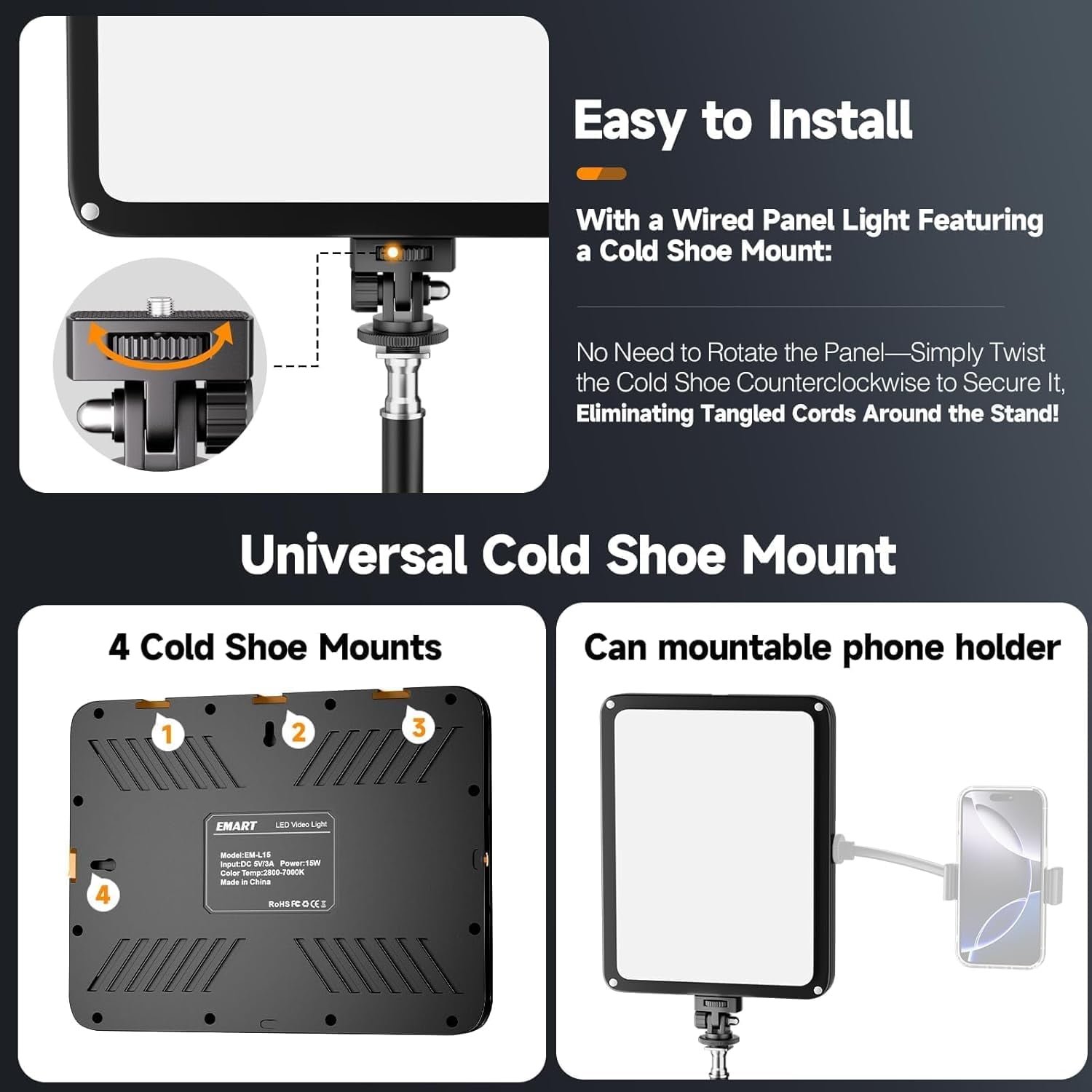 EMART LED Photo Light Kit 2 Pack, Studio Light with 60'' Tripod & Phone Holde, Upgrade 2800-7000K Dimmable for Video Recording