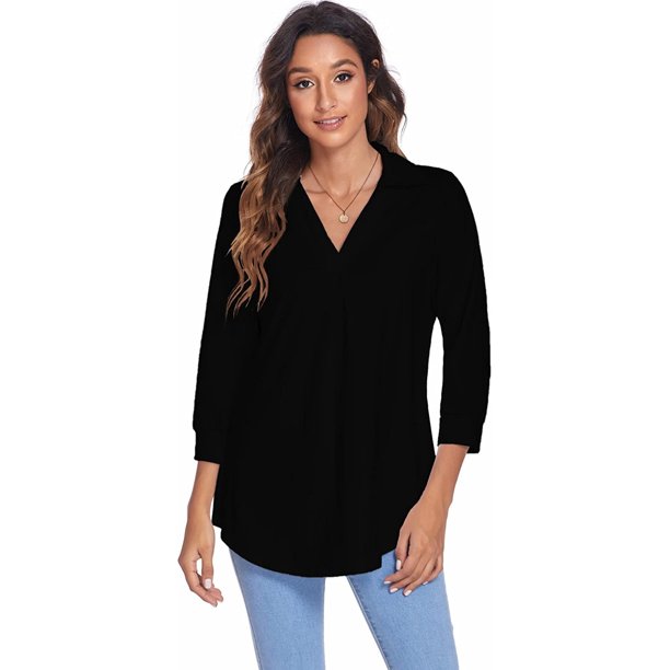 Txlixc Camisa suelta para mujer, jersey de manga tres cuartos con cuello en V de color sólido informal para adultos Txlixc Moda