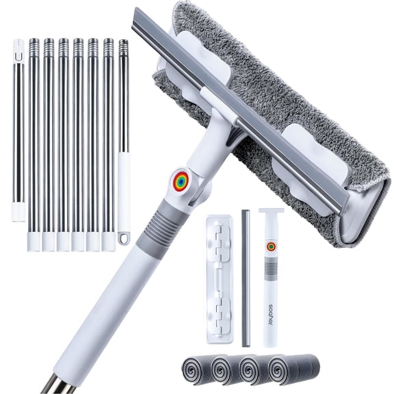 Maoface 2-in-1 Window Squeegee Cleaner Tool  with Long Handle, Scrubber, Rotating Head & 4 Microfiber Cloths