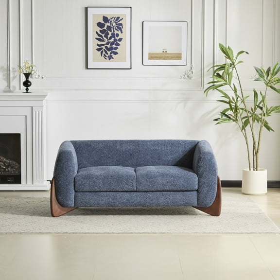 Christopher Knight Home 63" Boucle Loveseat, 2-Seater Faux Sherpa Couch with Wood Legs & Curved Design, Navy Blue