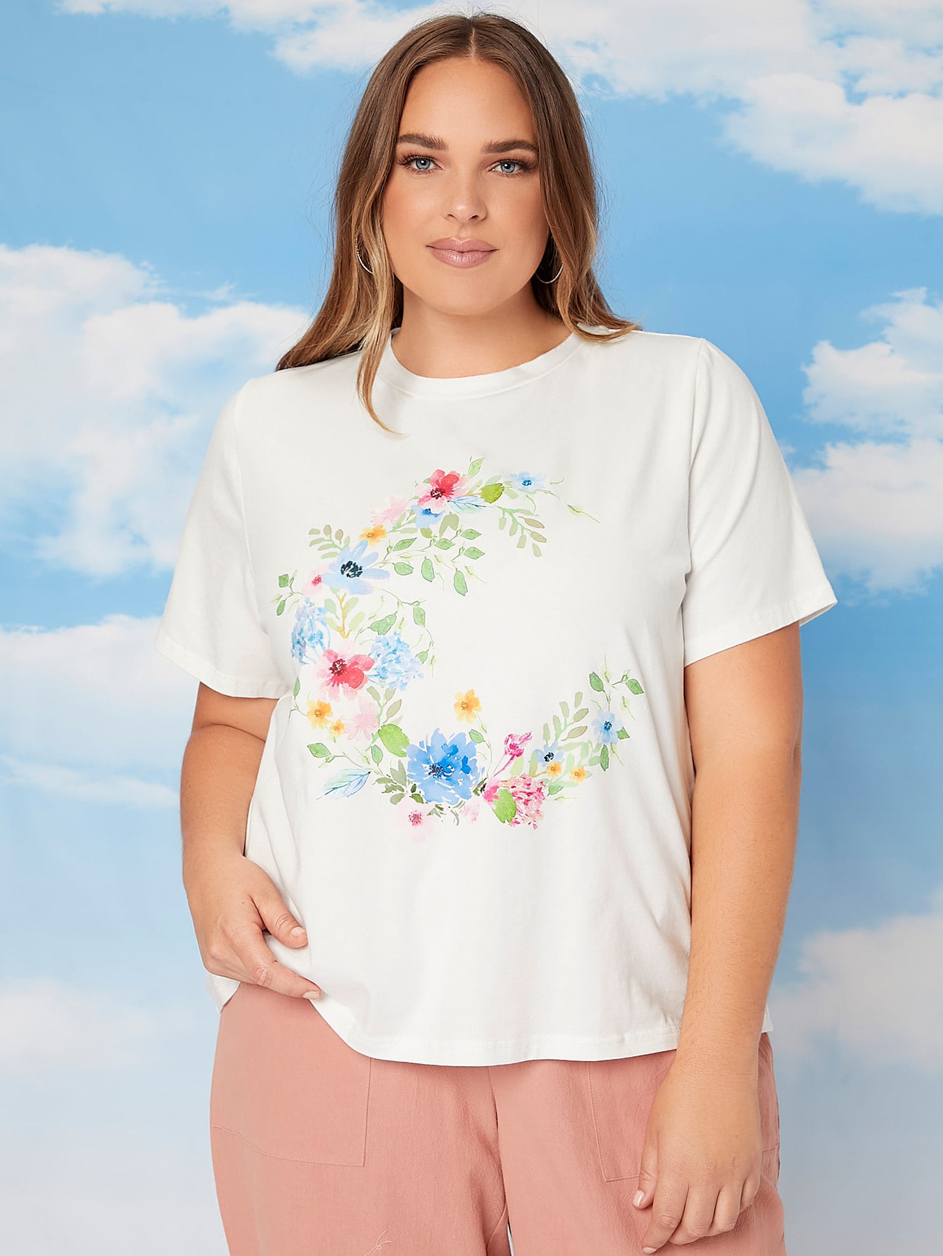 Women's Plus Floral Print Round Neck T shirt 12011202W231614 