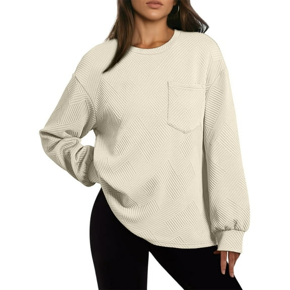 Women's 2025 Casual Lightweight Soft Crew Neck Long Sleeve Sweatshirt, Loose Fit Textured Pullover Top with Pocket for Daily Comfort Wear, Travel, Vacation, and Various Occasions Beige L