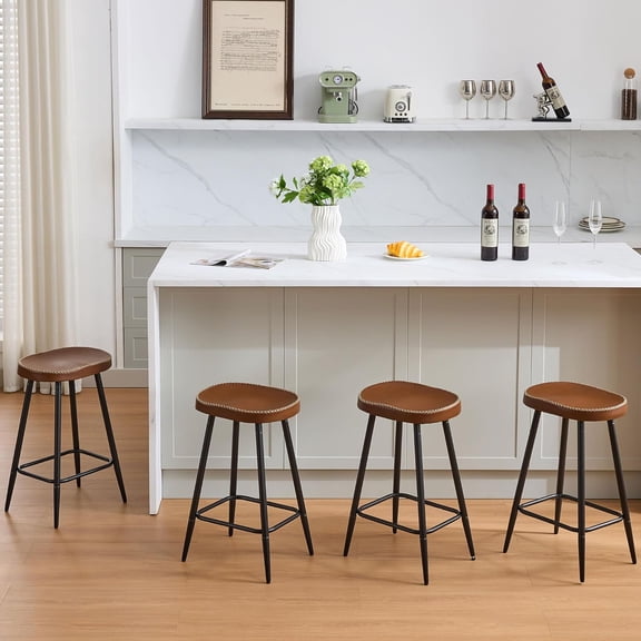 Counter Stools Set of 4, Modern 24 inch Counter Height Stools, Brown Faux Leather Backless Barstools for Kitchen Island (Brown, 4 PCS 24'' Height)