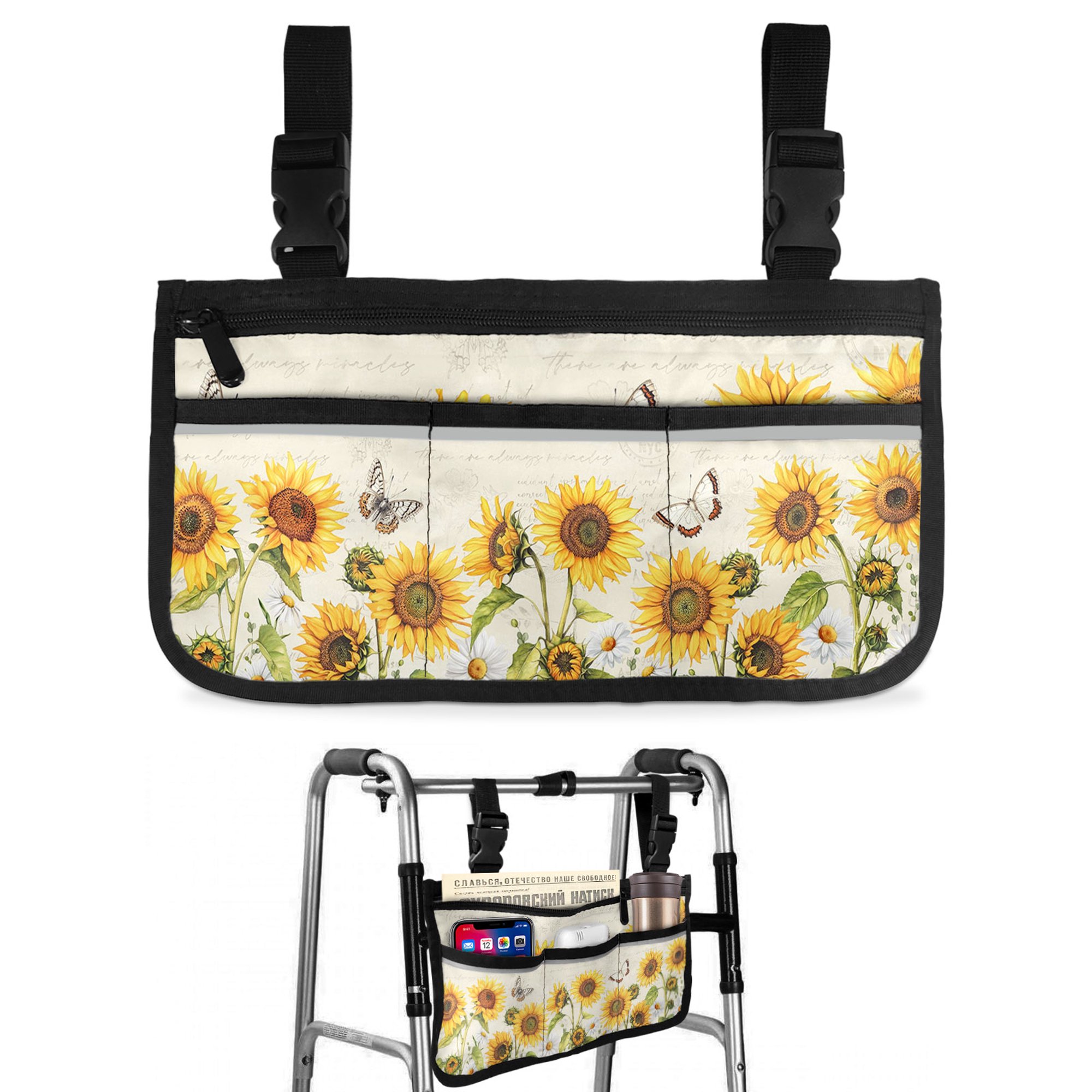Retro Sunflowers Wheelchair Side Bag Walk Bag Basket, Rustic Floral Butterflies Spring Summer Wheelchair Accessories Armrest Pouch, Organizer Storage Bags for Walkers, Rollators, Scooters, 7.3"x13"