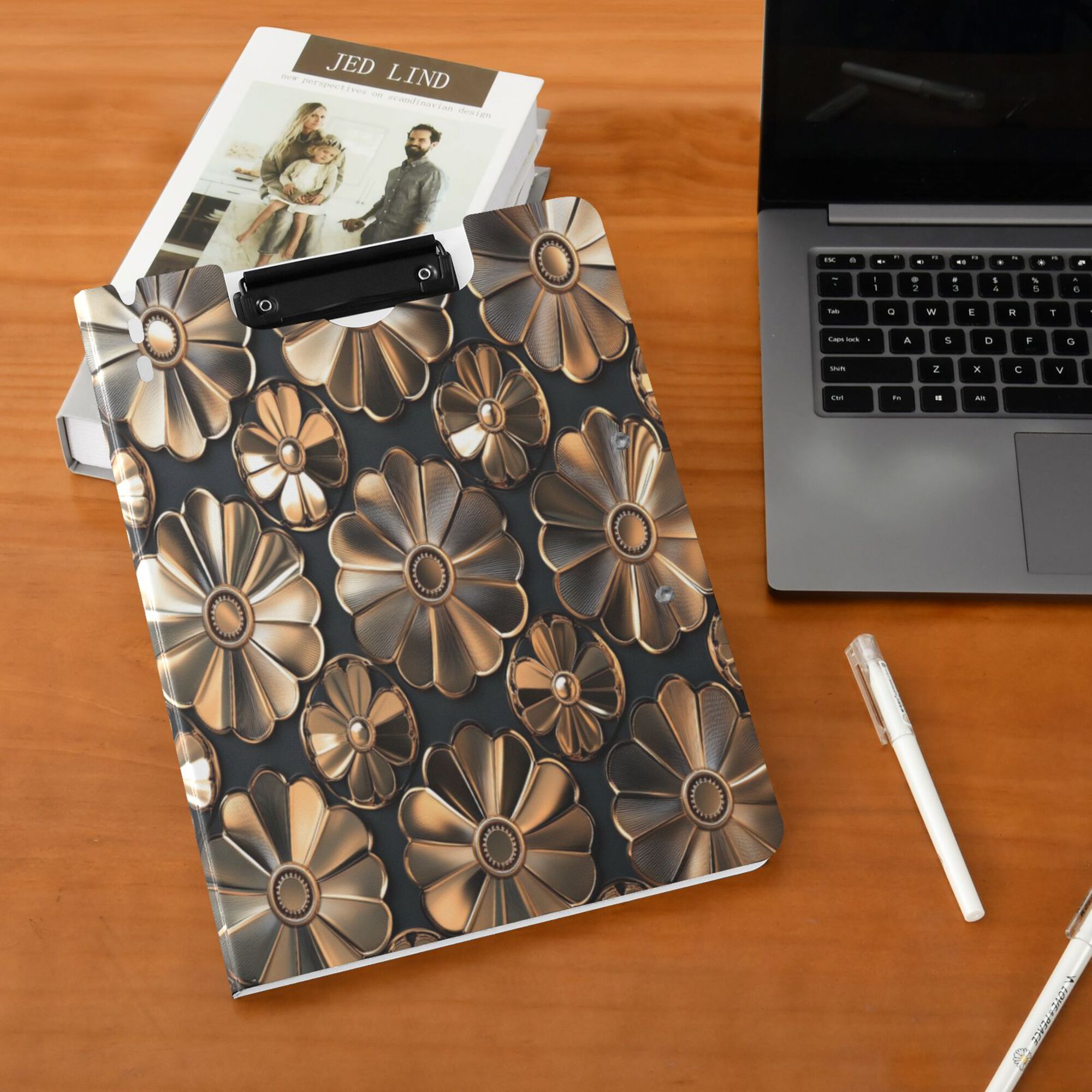 FORMRS A4 Clipboard Folder with Pen Holder Horizontal Foldable School Office Binder, Metallic Flower