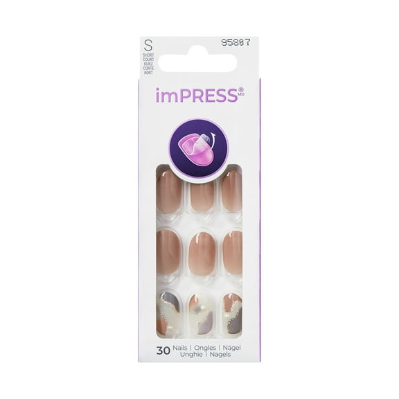 KISS imPRESS  Press on Nails, Wake Up, Grey, Short Oval, 30 Count