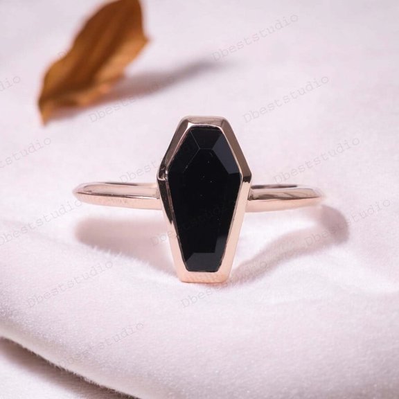 Coffin Shaped Black Onyx Ring Natural Gemstone Wedding Ring Bezel Set Stacking Ring Statement Gift For Her Unique Solitaire Ring