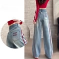 thumbnail image 2 of Women High Waist Wide Leg Jeans Contrast Stripe Embroidery Straight Trousers for Spring Fall Daily, 2 of 6