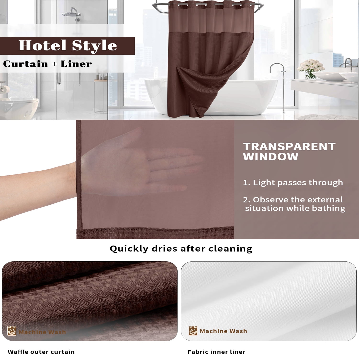 DawnJoanHD Waffle Weave No Hook Shower Curtain with Snap-in Liner, Brown Polyester Fabric with See-Through Top Window, 72" x 75"