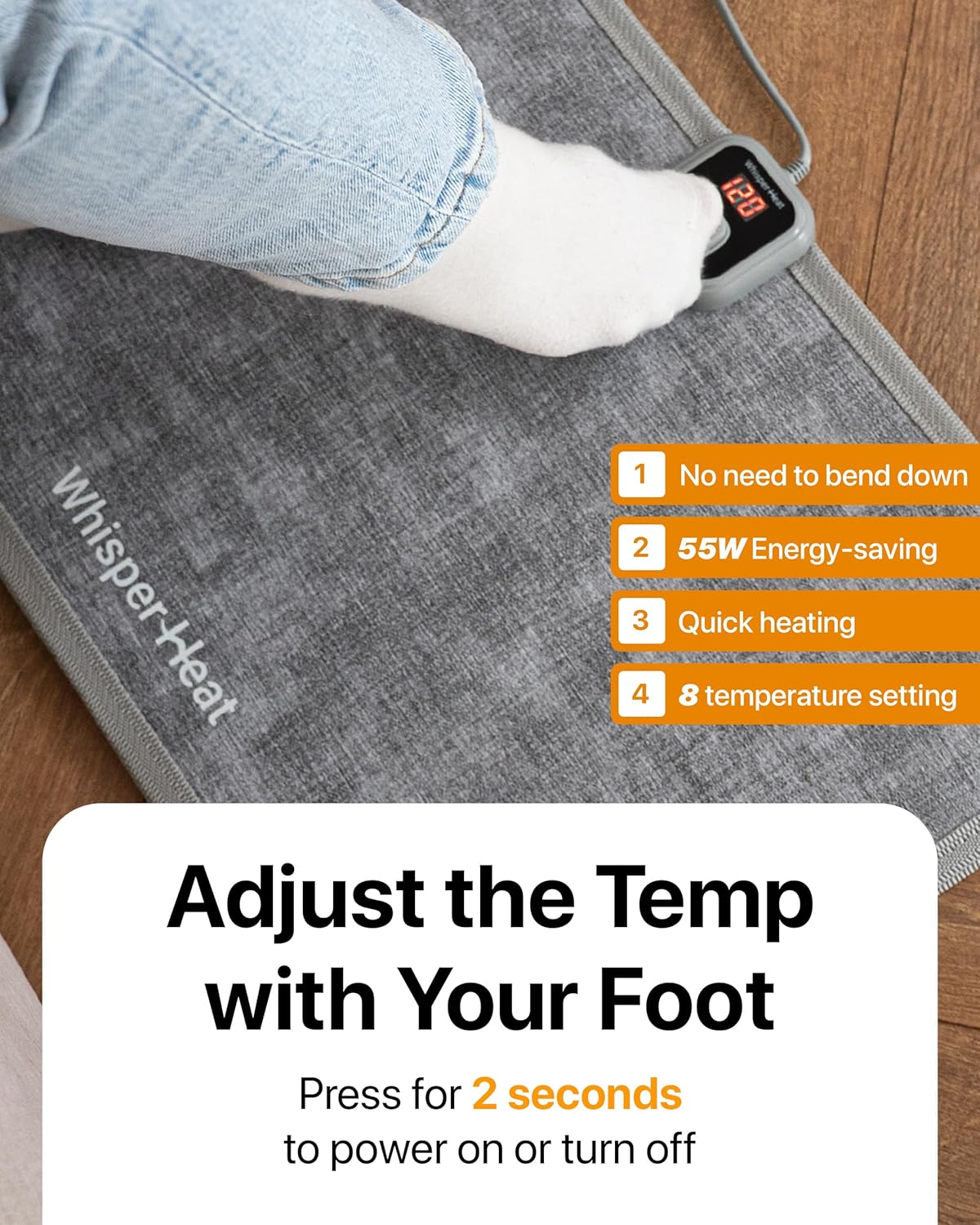 WhisperHeat™ Heated Floor Mat – Electric Tap-to-Activate Foot & Floor Warmer- Silent, Energy-Efficient Underfoot Heating Mat