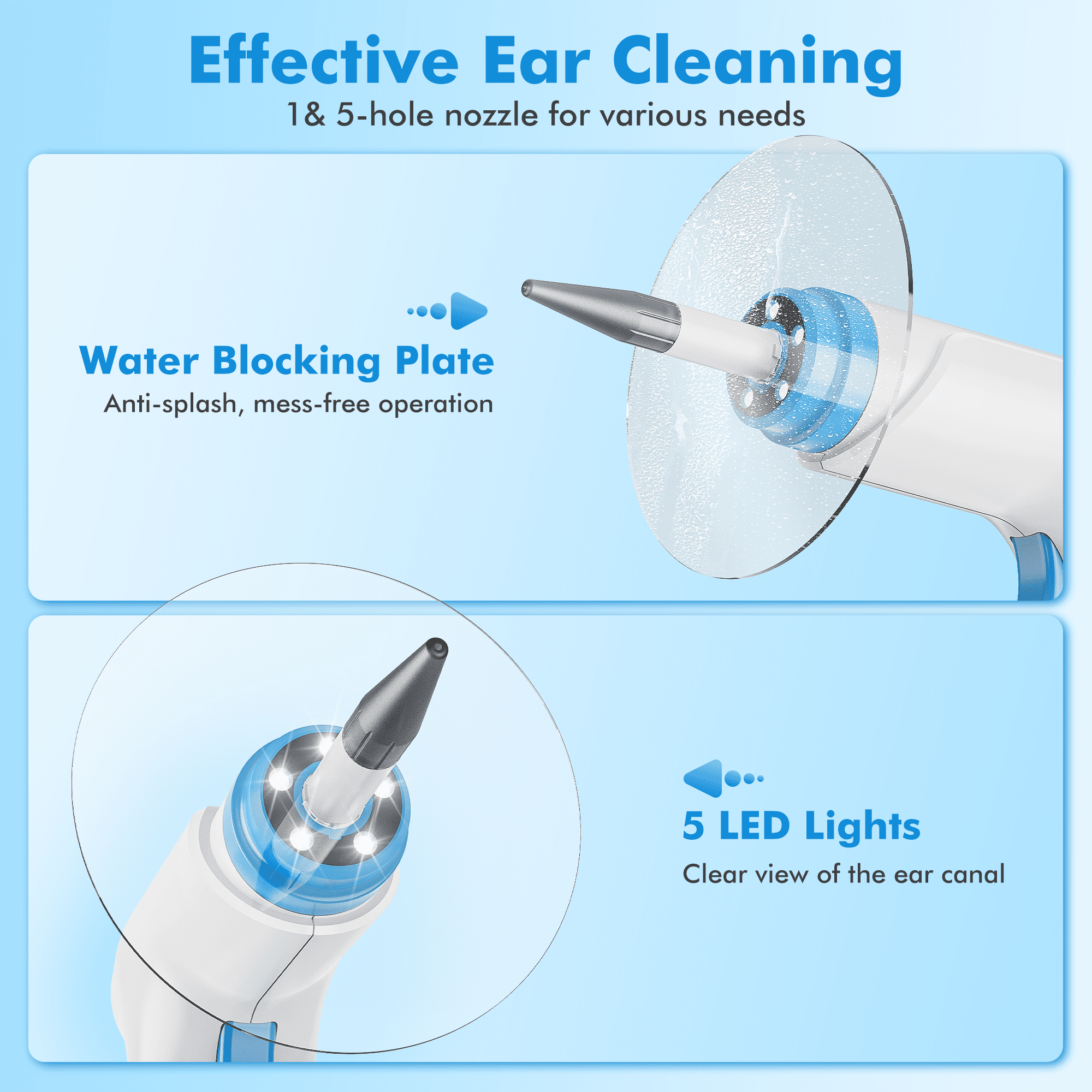 ILAVYO Electric Ear Wax Removal Kit, Ear Irrigation Cleaner with Light, 4 Pressure Modes, 500ml Water Tank, 2 Nozzle Types, USB Rechargeable