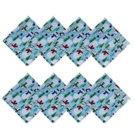 

Newbridge Blue Snowman Fun Christmas Fabric Napkins Cheerful Snowmen and Evergreen Tree Print Xmas Soil Resistant No Iron Easy Care Tablecloth Set of 8 Fabric Napkins