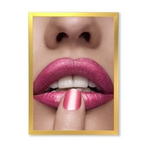 Designart 'Pink Female Lips With Finger On Mouth' Modern Framed Art Print