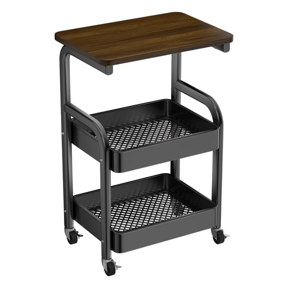 3 Tier Rolling Cart with Walnut Top - 2 Lockable Wheels, Sturdy Metal Utility Cart for Kitchen Coffee