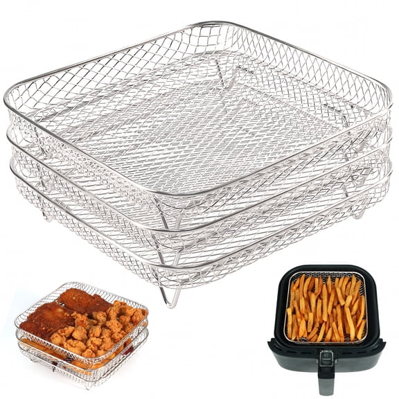 ACDANC Air Fryer Basket Square,Set of 3,Stackable Multi-Layer Stainless Steel Air Fryer Rack 8" 6QT